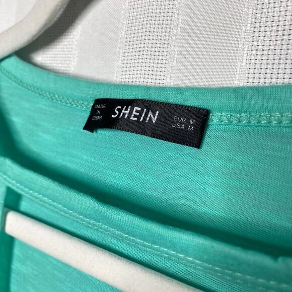 Shein Short Cuffed Sleeve Cutout Keyhole V-Neck Top Medium Blue Green Heathered - Picture 3 of 8